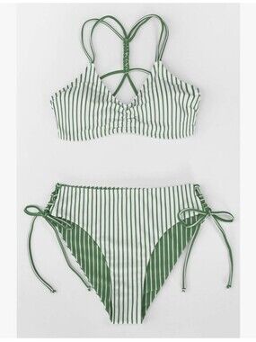 Cupshe Green and White Stripe Side-tie,Braided Bikini With Reversible Bottom